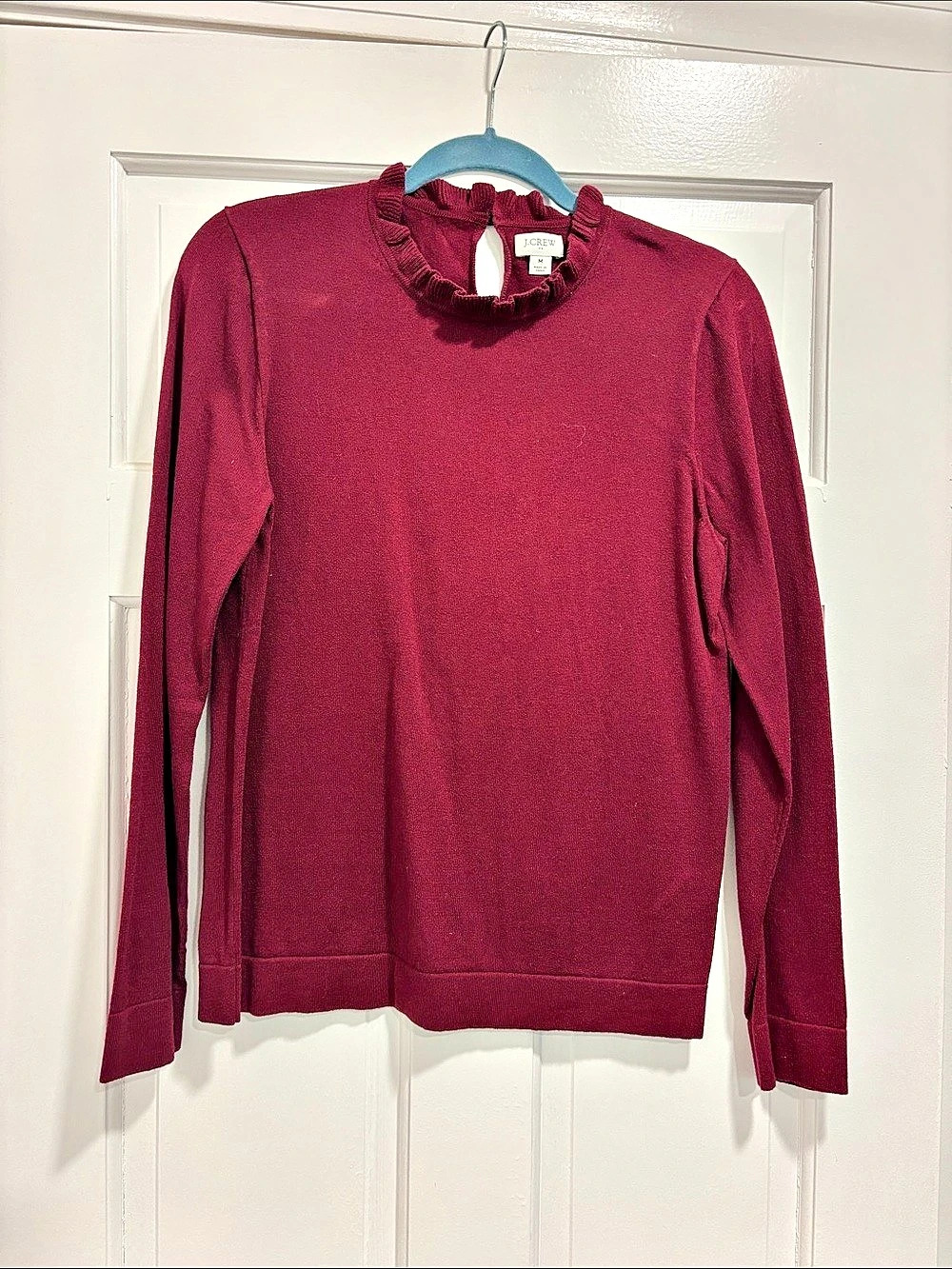 J.Crew Cotton Ruffleneck Sweater Ruffle Neck Burgundy Medium